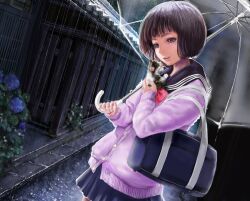  bag brown_hair commentary_request dutch_angle feline female flower hydrangea mamoru_(mamoru_jinja) original rain school_uniform short_hair solo sweater umbrella 