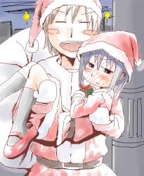  1boy aliasing blush blush_stickers carrying christmas closed_eyes female full-face_blush hat marui_hitoha mitsudomoe night open_mouth outdoors santa santa_costume smile yabe_satoshi 