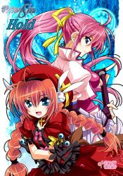  2girls black_gloves blue_eyes braid commentary_request gloves hair_ribbon hat kanna_(plum) laevatein_(nanoha) long_hair lyrical_nanoha mahou_shoujo_lyrical_nanoha mahou_shoujo_lyrical_nanoha_a&#039;s mahou_shoujo_lyrical_nanoha_strikers multiple_girls photoshop_(medium) pink_hair ponytail red_hair ribbon signum smile twin_braids v vita_(nanoha) 