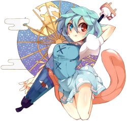  arm_up bad_id bad_pixiv_id bare_legs blue_eyes blue_hair blush breasts female heterochromia himuro_shunsuke karakasa_obake medium_breasts purple_umbrella red_eyes short_hair simple_background solo tatara_kogasa tongue touhou umbrella 