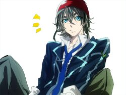  1boy blazer blue_eyes brown_hair commentary_request helmet jacket male_focus necktie painttool_sai_(medium) sacred_seven school_uniform solo tandouji_alma warakusa 