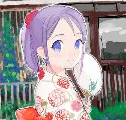  bad_id bad_pixiv_id blue_eyes female hand_fan higebu inazuma_eleven inazuma_eleven_(series) japanese_clothes kudou_fuyuka paper_fan ponytail purple_hair smile solo uchiwa 