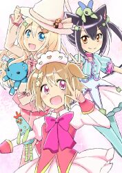  3girls animal_ears bad_id bad_pixiv_id black_hair blonde_hair blue_eyes brown_eyes brown_hair cat_ears cosplay gum_(vivid_garden) hat highres hirasawa_yui k-on! kotobuki_tsumugi long_hair magical_girl multiple_girls nakano_azusa robot short_hair stuffed_animal stuffed_toy teddy_bear ton-chan twintails v witch_hat 