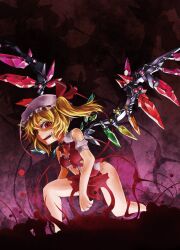  alternate_wings blonde_hair bow bowtie commentary_request fangs female flandre_scarlet hat hat_ribbon memento_vivi red_eyes ribbon shirt short_hair side_ponytail skirt slit_pupils solo torn_clothes torn_shirt torn_skirt touhou wings 