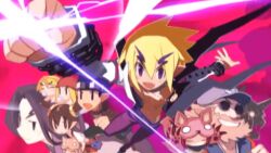  akutare_(disgaea) axeleration_(disgaea) axial_(disgaea) axiden_(disgaea) axril_(disgaea) black_hair blonde_hair brown_hair demon_boy demon_girl director_(disgaea) disgaea everyone family goggles happy harada_takehito hat jacket lowres makai_senki_disgaea_2 multiple_boys multiple_girls official_art purple_eyes saber_kitty_(disgaea) sunglasses twintails 