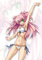  arm_up armpits atelier_(series) bikini commentary_request female green_eyes halftone highres long_hair mana_khemia mana_khemia_(series) navel philomel_hartung pink_hair roura side-tie_bikini_bottom solo swimsuit thighs twintails two_side_up white_background white_bikini zoom_layer 