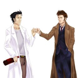  2boys arantheus bottle coat crossover doctor_who dr_pepper fist_bump formal highres imageboard_desourced lab_coat male_focus multiple_boys necktie non-web_source okabe_rintarou steins;gate suit tenth_doctor_(doctor_who) the_doctor trait_connection 