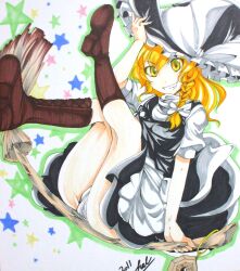  boots bow braid broom broom_riding commentary_request cross-laced_footwear female grin hairbow hal_(goshujinomocha) hat kirisame_marisa lace-up_boots mini-hakkero panties riding sidesaddle smile solo star_(symbol) touhou underwear white_panties witch_hat 