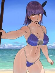  ayane_(doa) beach bikini breasts brown_eyes commentary_request day dead_or_alive female headband highleg highleg_bikini highleg_swimsuit outdoors purple_bikini purple_hair shade short_hair solo swimsuit zenkou 