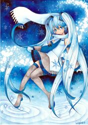  bow commentary_request female hairbow hatsune_miku long_hair mosho scarf signature skirt solo thighhighs traditional_media twintails very_long_hair vocaloid yuki_miku yuki_miku_(2011) zettai_ryouiki 