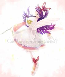  bad_id bad_pixiv_id blue_eyes blush bow dowsing_rod dress english_text feli_(puyopuyo) female hairband long_hair looking_back matanonki purple_hair puyopuyo puyopuyo_fever solo white_feli 