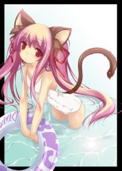  animal_ears bad_id bad_pixiv_id bare_shoulders blush border female flat_chest hair_ribbon innertube long_hair one-piece_swimsuit original pink_hair red_eyes ribbon school_swimsuit solo swim_ring swimsuit tail twintails very_long_hair wading water white_one-piece_swimsuit yumesato_makura 