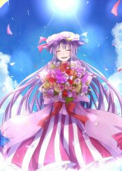  blush bow closed_eyes cloud commentary_request crescent dress female flower hairbow hat long_hair open_mouth patchouli_knowledge purple_hair ram_hachimin rose sky smile solo sun touhou very_long_hair 