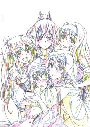  5girls :d animation_paper blush book cecilia_alcott charlotte_dunois color_trace colored_pencil_(medium) commentary_request eyepatch graphite_(medium) hair_ribbon hairband highres huang_lingyin infinite_stratos laura_bodewig long_hair multiple_girls oerba_yun_fang open_mouth partially_colored production_art ribbon shinonono_houki smile traditional_media twintails v yataneko_(echigo) 