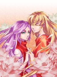  2boys androgynous aries_muu blonde_hair blue_eyes commentary_request facial_mark flower kanoren long_hair male_focus multiple_boys photoshop_(medium) purple_hair saint_seiya virgo_shaka 