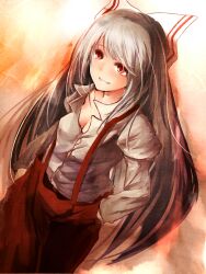  bow breasts cleavage commentary_request dress_shirt dutch_angle female fujiwara_no_mokou grey_hair grin hairbow hands_in_pockets highres long_hair medium_breasts metalwasabi pants photoshop_(medium) red_eyes shirt smile solo suspenders touhou very_long_hair 