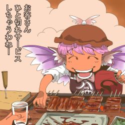  animal_ears apron closed_eyes commentary_request female fish_(food) food glass grill grilled_eel hand_fan meat mystia_lorelei no_nose onikobe_rin paper_fan pink_hair smile smoke solo touhou translated uchiwa wings 