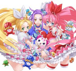  3girls blonde_hair blue_choker blue_eyes choker commentary_request cropped_legs cure_beat cure_melody cure_rhythm dory fantastic_belltier green_eyes heart houjou_hibiki hummy_(suite_precure) kurokawa_eren lary magical_girl minamino_kanade miry multiple_girls photoshop_(medium) pink_hair ponytail precure purple_hair red_wrist_cuffs rery seiren_(suite_precure) skirt sory suite_precure takoyaki_neko-san thighhighs tiry twintails wrist_cuffs yellow_eyes 