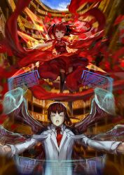  1boy bad_id bad_pixiv_id black_legwear brown_hair closed_eyes corticarte_apa_lagranges dan_evan dress female floating_screen hair_ribbon highres lab_coat long_hair monitor motion_blur necktie open_mouth outstretched_arms photoshop_(medium) red_eyes red_hair ribbon shinkyoku_soukai_polyphonica sky spread_arms tatara_phoron thighhighs twintails 