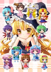  6+girls alice_margatroid animal_ears antennae asymmetrical_wings blonde_hair blue_eyes blue_hair blush braid broom brown_eyes brown_hair cape chibi chocolate closed_eyes commentary_request cup dress green_eyes green_hair hakurei_reimu hat heart heterochromia highres horns hoshiguma_yuugi houjuu_nue inaba_tewi karakasa_obake kawashiro_nitori kirisame_marisa long_hair momojiri_aya multiple_girls one_eye_closed patchouli_knowledge pink_eyes pink_hair purple_hair rabbit_ears red_eyes saigyouji_yuyuko sakazuki short_hair side_braid single_horn skirt smile tatara_kogasa teruterubouzu touhou umbrella valentine wings witch_hat wriggle_nightbug yakumo_ran yellow_eyes zettai_ryouiki 