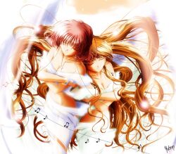  2girls amano_mishio brown_hair dress fairy kanon long_hair multiple_girls musical_note sawatari_makoto signature wings yukirin 