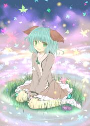  animal_ears blush bobby_socks bunchou_(bunchou3103) cloud commentary_request dress female flower green_eyes green_hair highres kasodani_kyouko leaf maple_leaf oerba_yun_fang open_mouth short_hair skirt sky smile socks solo star_(sky) starry_sky touhou 