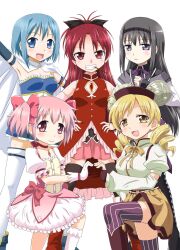  5girls akemi_homura akemi_homura_(magical_girl) cape commentary_request food gloves grin hat highres kaname_madoka kaname_madoka_(magical_girl) long_hair mahou_shoujo_madoka_magica mahou_shoujo_madoka_magica_(anime) miki_sayaka miki_sayaka_(magical_girl) mouth_hold mukaibi_aoi multiple_girls pantyhose photoshop_(medium) pocky ponytail sakura_kyoko sakura_kyoko_(magical_girl) shield short_hair smile standing thighhighs tomoe_mami tomoe_mami_(magical_girl) twintails white_cape 