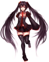  black_hair boots commentary_request female leg_up lips long_hair necktie red_eyes sasaki_ryou simple_background skirt solo standing standing_on_one_leg thigh_boots thighhighs twintails very_long_hair vocaloid zatsune_miku zettai_ryouiki 