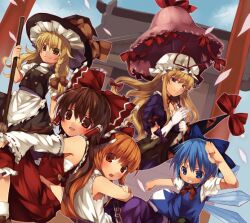  5girls apron bad_id bad_pixiv_id blonde_hair blue_eyes blue_hair blush bow braid broom brown_hair chains cirno corset crossed_arms detached_sleeves dress elbow_gloves gap_(touhou) gloves grin hair_tubes hairbow hakurei_reimu hat hat_bow hat_ribbon ibuki_suika ice ice_wings ju-zika kirisame_marisa long_hair midriff multiple_girls open_mouth orange_hair parasol purple_eyes red_eyes ribbon salute sarashi shirt short_hair skirt sleeveless sleeveless_shirt smile torii touhou umbrella white_gloves wings witch_hat yakumo_yukari yellow_eyes 