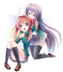  2girls alma_(jewelpet_twinkle) bad_id bad_pixiv_id blazer blue_hair bow dress_shirt green_eyes highres jacket jewelpet_(series) jewelpet_twinkle kneehighs long_hair multiple_girls open_mouth pleated_skirt red_hair ribbon sakura_akari school_uniform shirt shoes sitting skirt socks thighhighs twintails yuu_(derodero) 