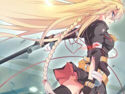  bad_id bad_pixiv_id belt blonde_hair blue_eyes braid female fingerless_gloves gloves highres kazami_ryouya long_hair original profile single_braid solo sword thighhighs very_long_hair weapon 