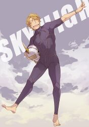  1boy ^_^ barefoot blonde_hair closed_eyes commentary_request cooru helmet keith_goodman male_focus open_mouth power_suit sky_high_(tiger_&amp;_bunny) solo superhero_costume tiger_&amp;_bunny unworn_headwear unworn_helmet 