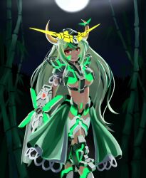  absurdres breasts commentary_request ex-keine female green_hair gundam gundam_unicorn highres horn_ornament horn_ribbon horns kamishirasawa_keine long_hair mecha_musume medium_breasts moon nanaya777 red_eyes ribbon shield skirt smile touhou underboob unicorn_gundam 