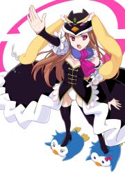  animal_hat bare_shoulders bird black_gloves black_thighhighs boots brown_hair cape commentary_request elbow_gloves female gloves hat high_heels highleg long_hair long_skirt mawaru_penguindrum open_mouth outstretched_arm penguin penguin_1-gou penguin_3-gou princess_of_the_crystal purple_eyes shoes simple_background skirt solo stepped_on takakura_himari takigawa_yuu thigh_boots thighhighs 