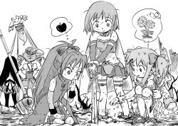  5girls :3 akemi_homura akemi_homura_(magical_girl) apple arrow_(projectile) bound bug butterfly cape commentary_request detached_sleeves dirty drill_hair dynamite explosive flower food from_behind fruit gardening gloves greyscale hand_on_own_face hands_on_own_hips hat kaname_madoka kaname_madoka_(magical_girl) kneehighs kneeling kyuubee long_hair magical_girl mahou_shoujo_madoka_magica mahou_shoujo_madoka_magica_(anime) miki_sayaka miki_sayaka_(magical_girl) monochrome multiple_girls ohyo planted planted_sword pleated_skirt polearm ponytail ruins sakura_kyoko sakura_kyoko_(magical_girl) seed short_hair skirt socks spear spoken_animal spoken_flower spoken_food squatting sword thighhighs thought_bubble tied_up_(nonsexual) tomoe_mami tomoe_mami_(magical_girl) twin_drills twintails weapon 