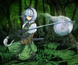  blue_eyes cervus commentary_request cyborg female forest hairband hitodama katana konpaku_youmu konpaku_youmu_(ghost) looking_at_viewer nature scabbard sheath short_hair skirt skirt_set solo sword touhou weapon white_hair 