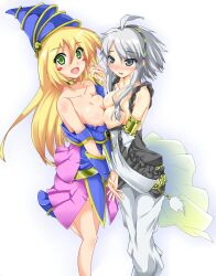  2girls :d ahoge bare_shoulders blonde_hair blush blush_stickers breast_press breasts collarbone commentary_request dark_magician_girl duel_monster green_eyes grey_eyes grey_hair hat highres holding_hands ikiyouyou interlocked_fingers large_breasts leg_up long_hair looking_at_viewer milla_the_temporal_magician multiple_girls oerba_yun_fang open_mouth smile wizard_hat yu-gi-oh! yuri 