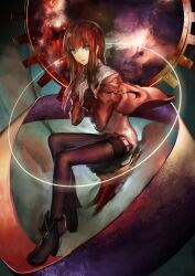  aituoku bad_id bad_pixiv_id black_pantyhose black_shorts blue_eyes boots brown_hair female hands_on_own_chest highres jacket long_hair makise_kurisu pantyhose pantyhose_under_shorts photoshop_(medium) shorts sitting solo steins;gate 