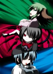  3girls animal_ears asymmetrical_wings black_dress black_hair blue_hair commentary_request dress green_eyes green_hair grin hand_on_own_chest houjuu_nue izumi_yukiru kasodani_kyouko multiple_girls open_mouth pink_dress red_eyes ribbon shirt short_hair slit_pupils smile tatara_kogasa tongue tongue_out touhou wings 