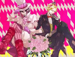  2boys alternate_form anbiento ao_no_exorcist bad_id bad_pixiv_id beelzebub_(azazel-san) black_hair blonde_hair blue_eyes crossover kamiya_hiroshi mephisto_pheles multiple_boys pantyhose smile striped_clothes striped_pantyhose vertical-striped_clothes vertical-striped_pantyhose voice_actor_connection yellow_eyes yondemasu_yo_azazel-san. 