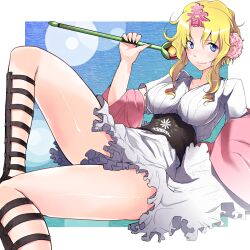  aged_up ankle_lace-up blonde_hair blue_eyes blush breasts commentary_request cross-laced_footwear female flower hair_flower hair_ornament haru-chan highres japanese_clothes large_breasts nhk_(broadcaster) nishiide_kengorou obi sash smile solo thighs 