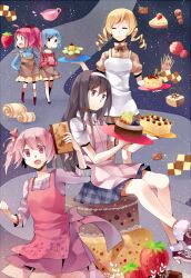  5girls akemi_homura alternate_costume apron bad_id bad_pixiv_id black_hair blonde_hair blue_hair blueberry book boots cake closed_eyes cookie drill_hair food fruit hair_ribbon hairband kaname_madoka long_hair mahou_shoujo_madoka_magica mahou_shoujo_madoka_magica_(anime) miki_sayaka milky_way multiple_girls pink_eyes pink_hair plaid plaid_skirt pleated_skirt pocky ponytail red_hair ribbon sakura_kyoko short_hair short_twintails sitting skirt smile star_(sky) strawberry tang_elen tomoe_mami twintails 