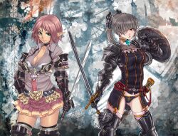  2girls armor belt breasts choker cleavage collaboration commentary_request earrings elf gauntlets greaves green_eyes grey_hair hair_ornament hair_over_one_eye houtengeki jewelry large_breasts multiple_girls original panties panzer_(p.z) pauldrons pink_hair pleated_skirt pointy_ears red_eyes scabbard sheath shield short_hair short_twintails shoulder_armor skirt standing sword thighhighs twintails underwear weapon zettai_ryouiki 