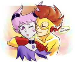  1boy blush cartoon_network choker couple dc_comics female gloves jinx kid_flash kissing mask orange_hair pink_eyes pink_hair red_hair sen_(pixiv111638) short_cape teen_titans wally_west 