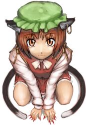  :3 animal_ears arugeri bow brown_eyes brown_hair cat_ears cat_tail chen commentary_request earrings female fingernails from_above hat jewelry long_fingernails looking_at_viewer multiple_tails nail_polish short_hair simple_background smile solo squatting tail touhou 