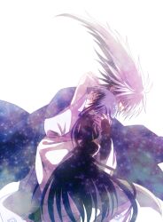  1boy black_hair closed_eyes commentary_request couple female hug japanese_clothes kei_(space_sonic) kimono long_hair multicolored_hair nura_rikuo nurarihyon_no_mago photoshop_(medium) straight tears white_hair yuki_onna_(nurarihyon_no_mago) 