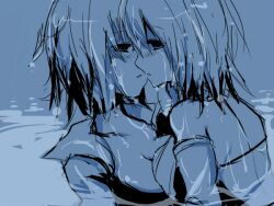  2girls breasts cleavage female final_fantasy final_fantasy_x monochrome multiple_girls oshiruko_(tsume) rule_63 short_hair tidus tsume_(artist) water wet yuna yuri 