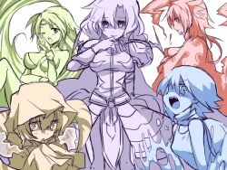  5girls armor barbariccia cagnazzo cape cloak dress female final_fantasy final_fantasy_iv gloves golbeza hood horns long_hair multiple_girls one_eye_closed open_mouth oshiruko_(tsume) pasties rubicante rule_63 scarmiglione short_hair tiara tsume_(artist) very_long_hair wink 