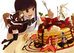  6+girls armor ass black_legwear bow brown_hair chocolate coffee commentary_request drooling eating food fork fruit hairbow hat highres in_food knife kokudou_juunigou mini_person minigirl multiple_girls original pancake plate ponytail raspberry simple_background skindentation strawberry sword syrup thighhighs twintails weapon whipped_cream 