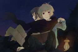  2boys bad_id bad_pixiv_id blue_hair book hami_(lvct) jacket lamp male_focus multiple_boys nezumi_(no.6) night no.6 photoshop_(medium) red_eyes scarf shion_(no.6) sitting smile white_hair 